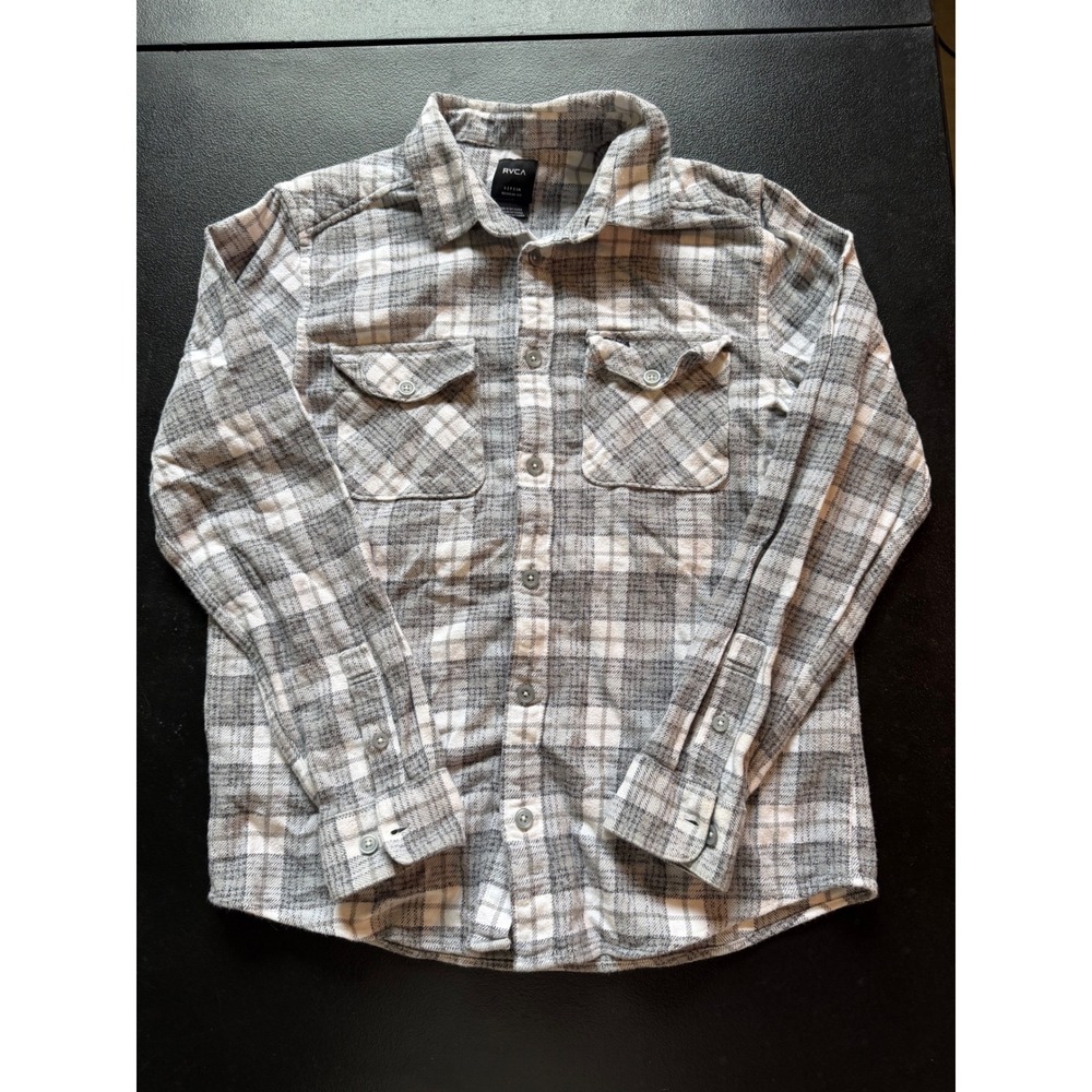 RVCA Mens Grey White Plaid Flannel Button Down Shirt Regular Fit MG519TWF Small